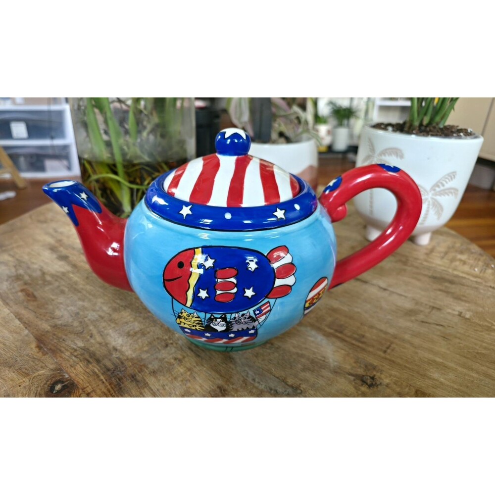 Catzilla 2003 Teapot Candace Reiter Design Cat Kitten Patriotic Hot Air Balloon